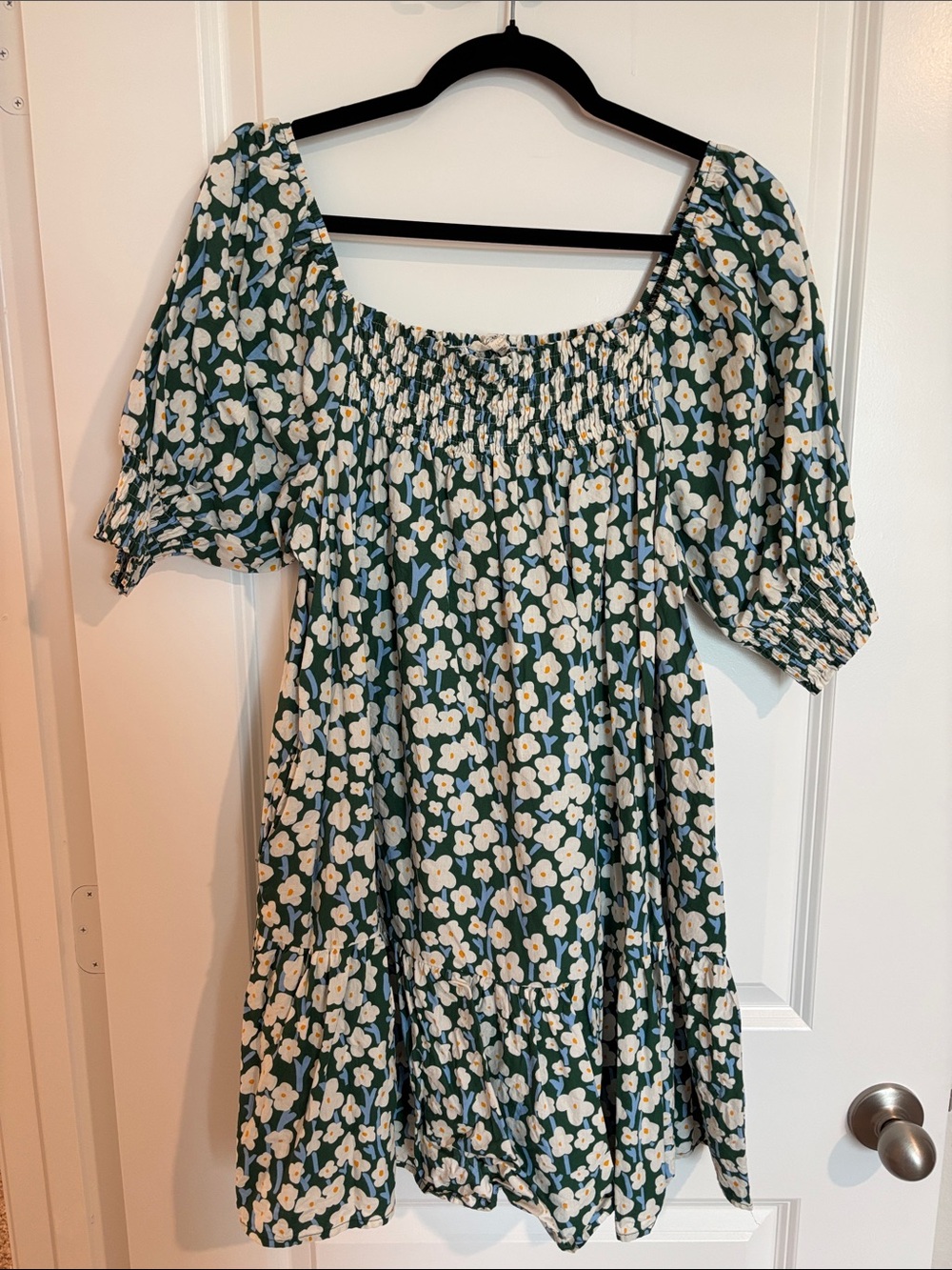 easel Green Floral Smocked Puff Sleeve Dress